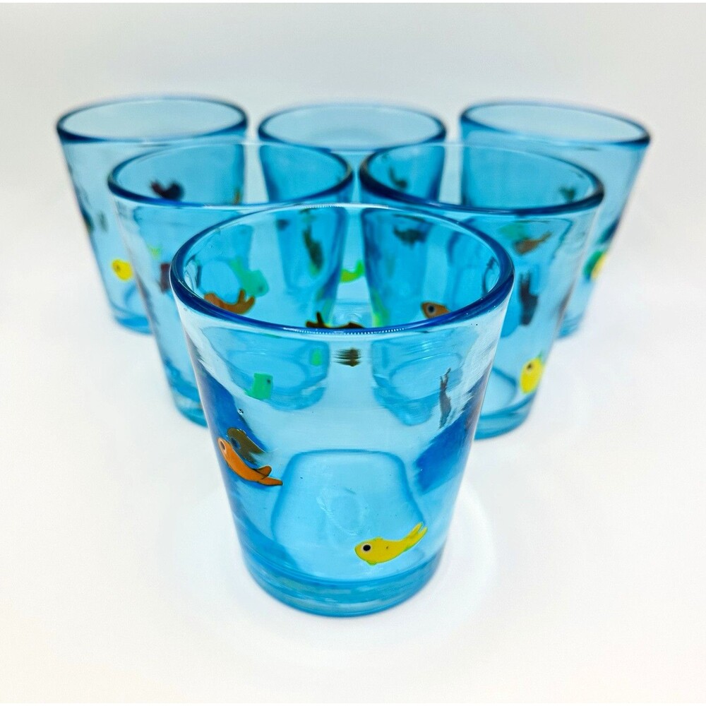 Set of 6 Anthropologie Goldfish Lake Blue Hand Blown Glasses 12oz Pristine